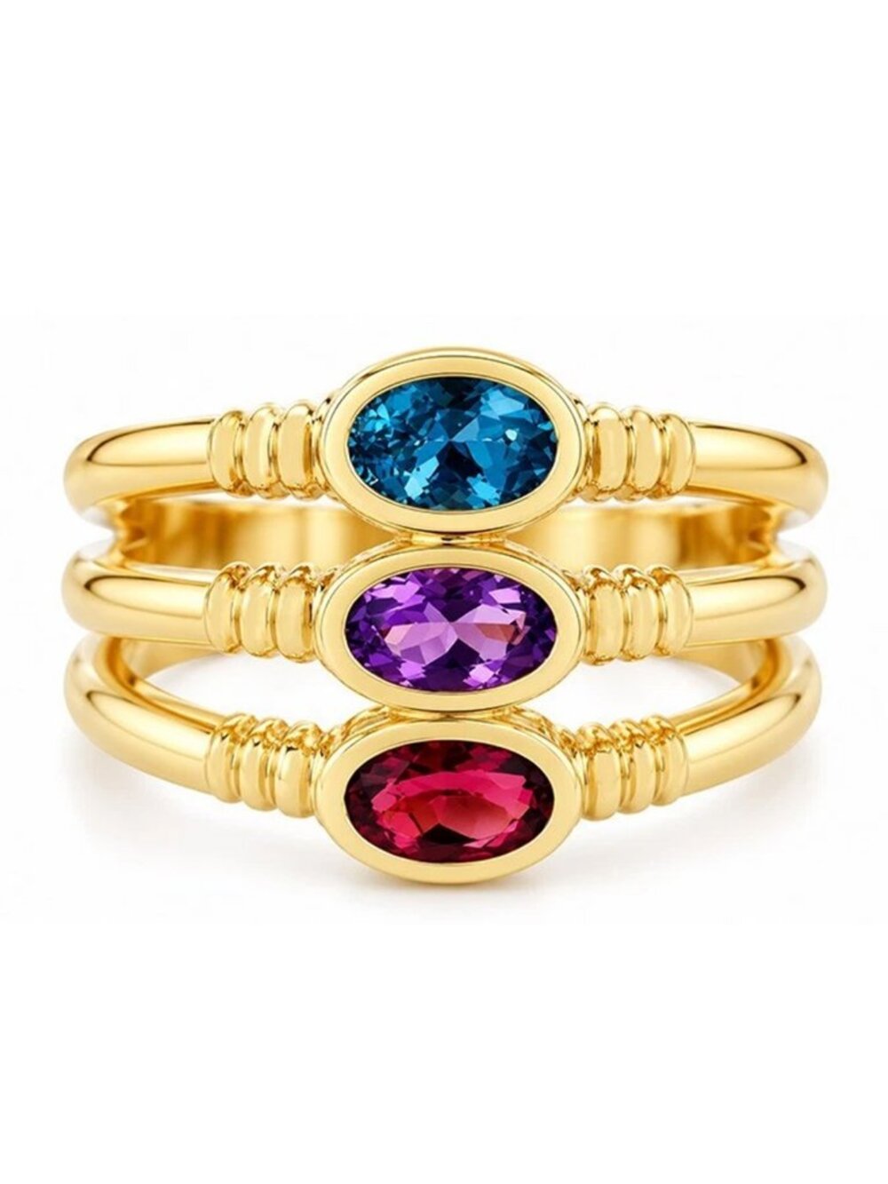Genuine Blue Topaz, Amethyst & Garnet Ring 14k Yellow Gold